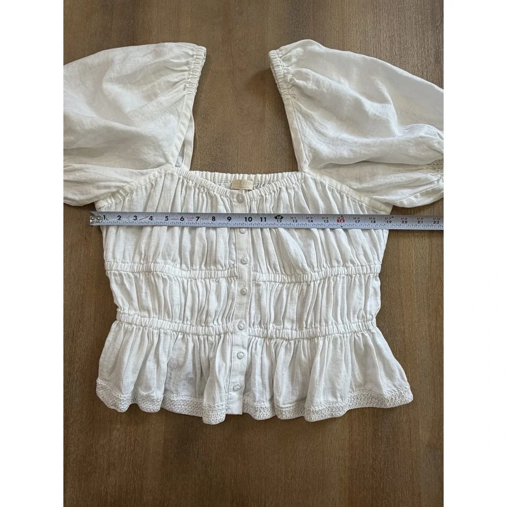 Ulla Johnson Smocked Short Sleeve White Linen Peplum Top Size 14